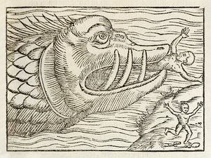 Monstrous whale devouring humans, from 1550 edition of Cosmographia by Sebastian Munster